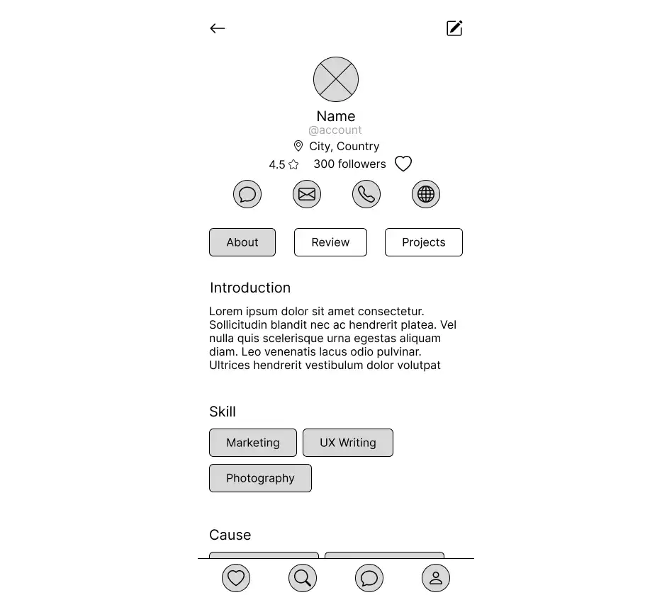 wireframes of Artful Cause